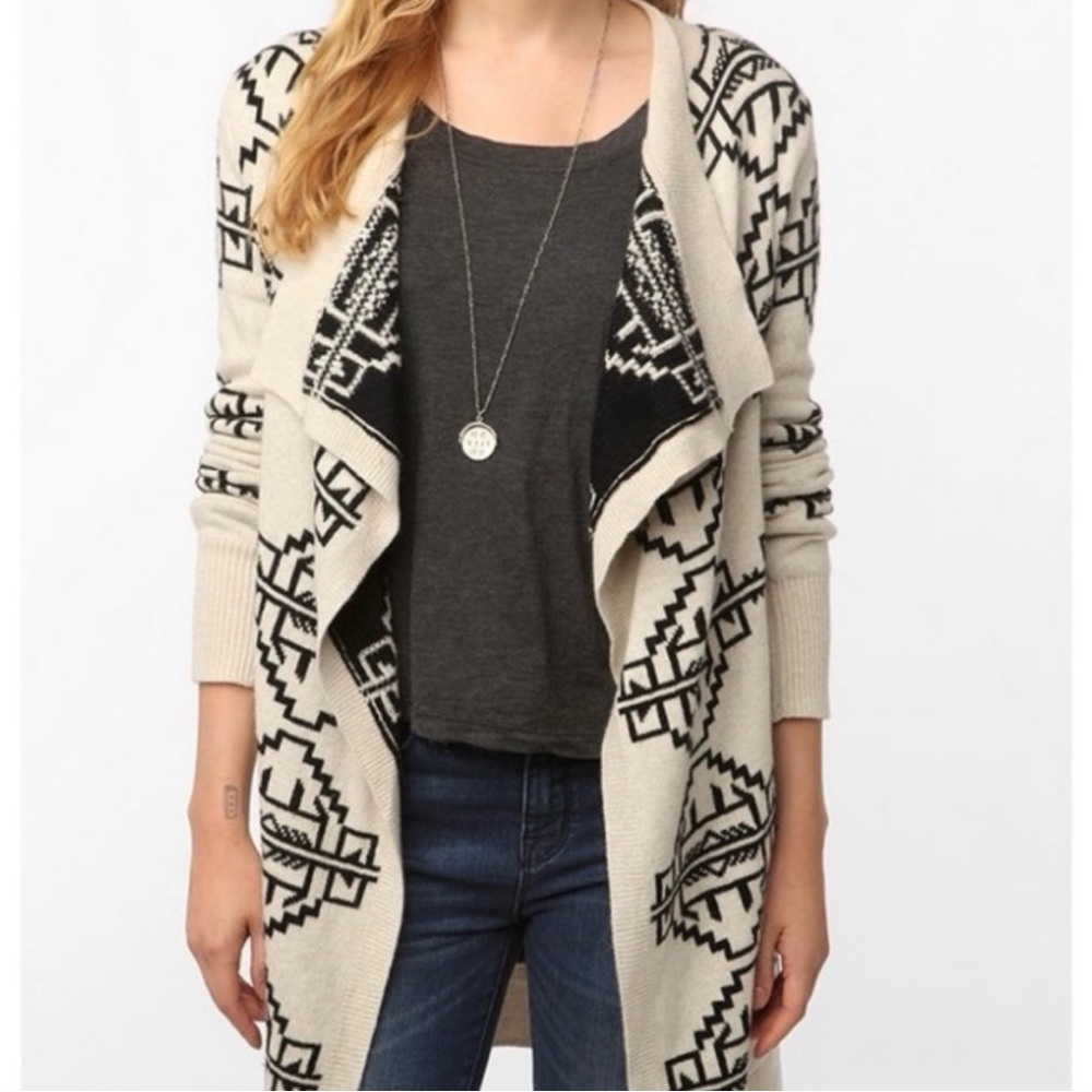 STARING AT STARS Cream Black Aztec Draped Open Front Cotton Cardigan Size XS